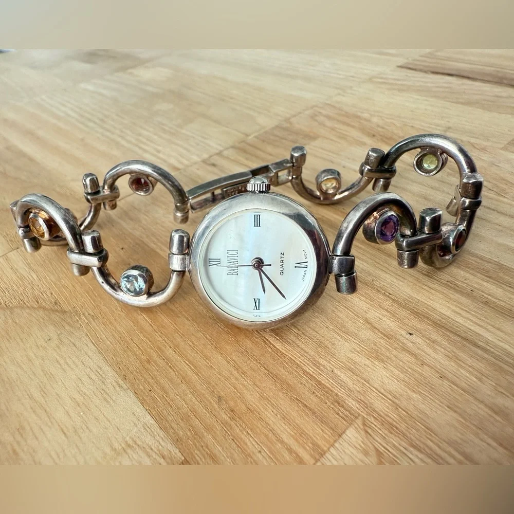 Badavici ladies 925 Sterling silver bracelet multi-color stone watch NEW BATTERY